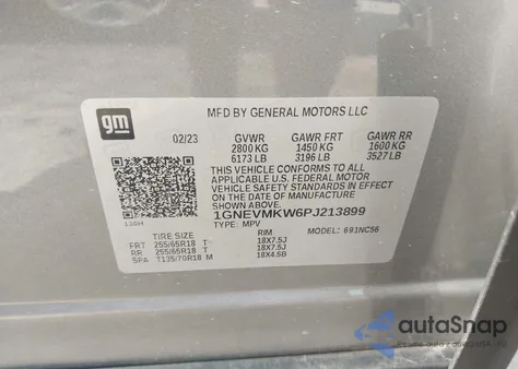 2023 Chevrolet Traverse Awd 2Fl Cloth из США, поврежденный, VIN 1GNEVMKW6PJ213899